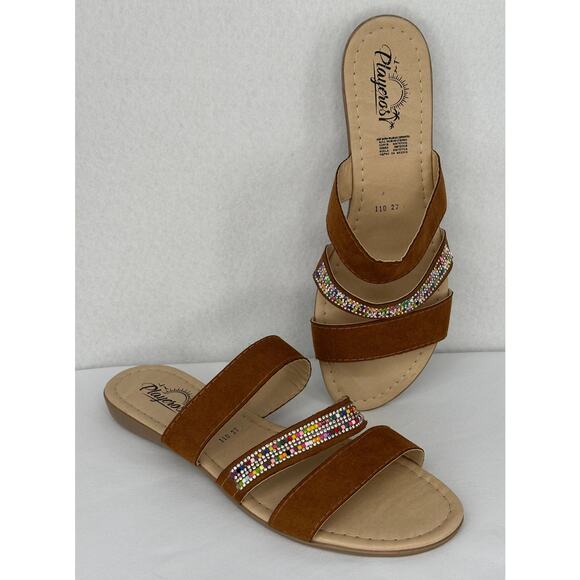 Playeros Brown Strap Beaded Strap Sandals Casual Summer Beach Vacation 9 - Picture 1 of 8